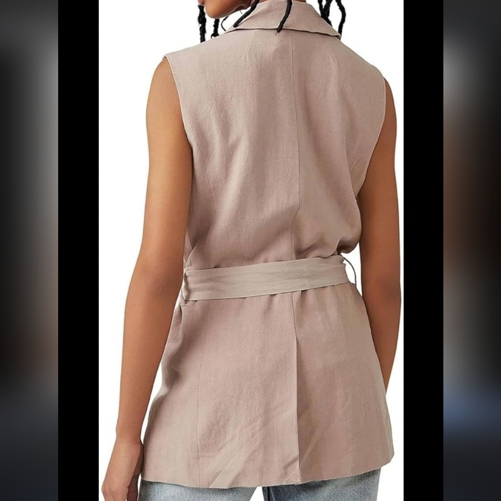 Free People vest linen mauve long button belted size medium - Picture 8 of 9